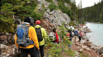 Group hiking along a river in a forest