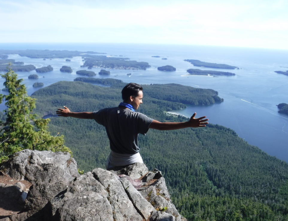 person sitting on rock overlooking ocean