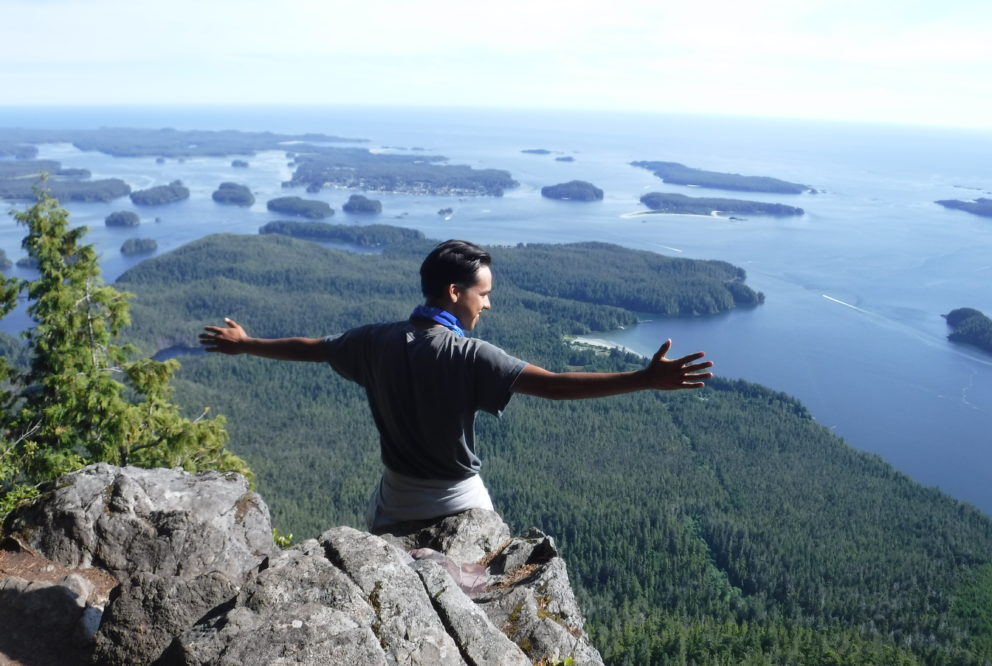 person sitting on rock overlooking ocean