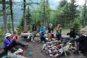 Group of people sitting on logs around a firepit