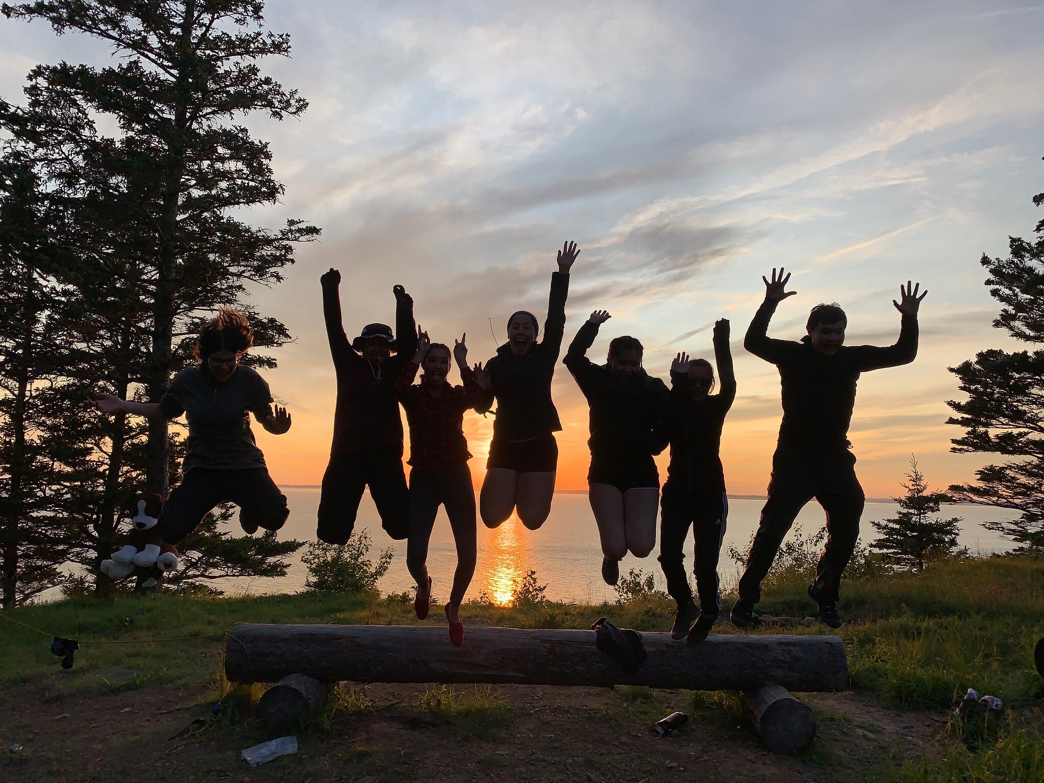 Seven people jumping off a log at sunset