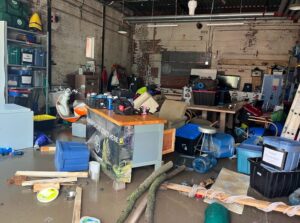 debris in a flooded room