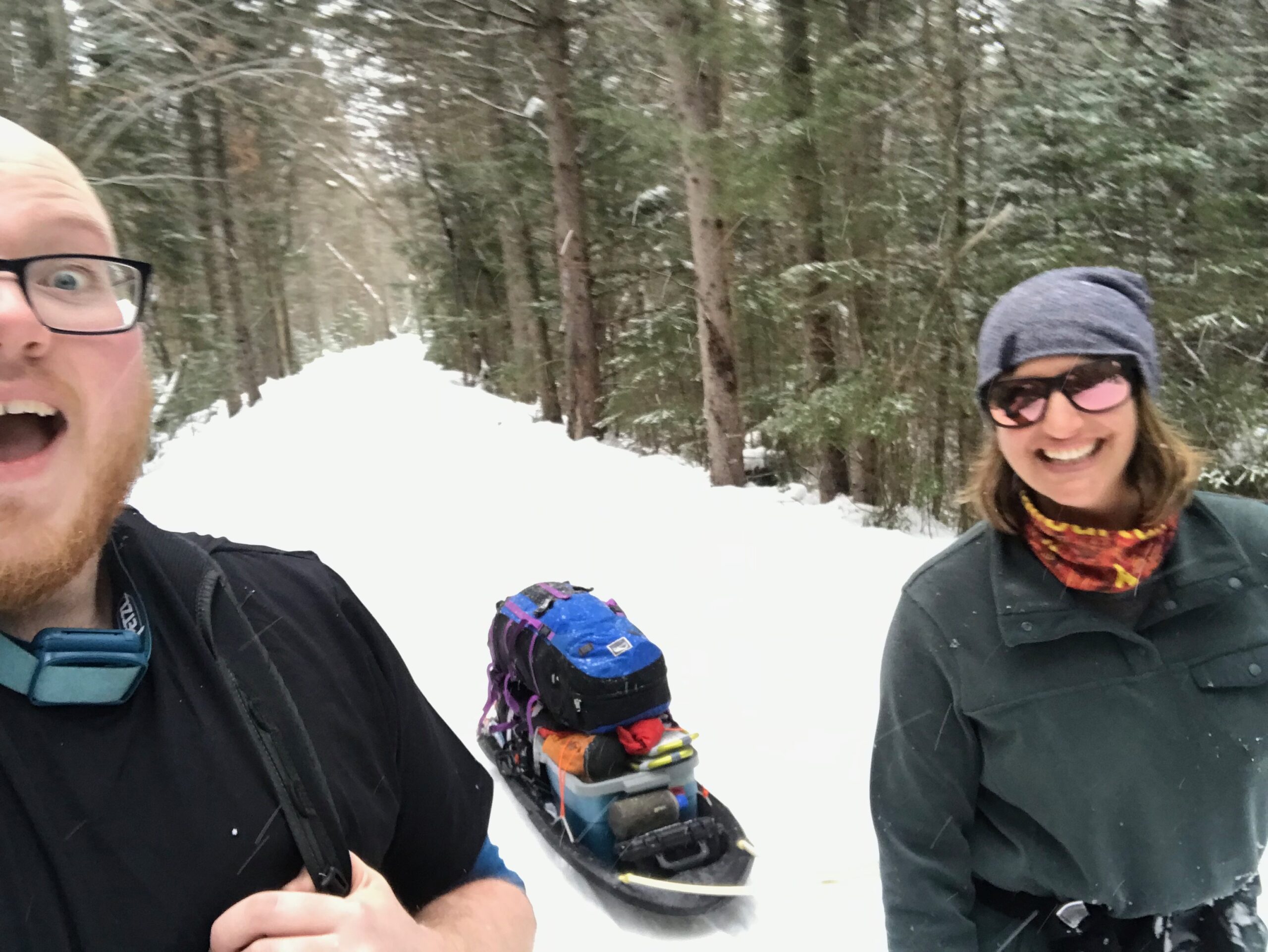 Trainers trekking in the forest snow